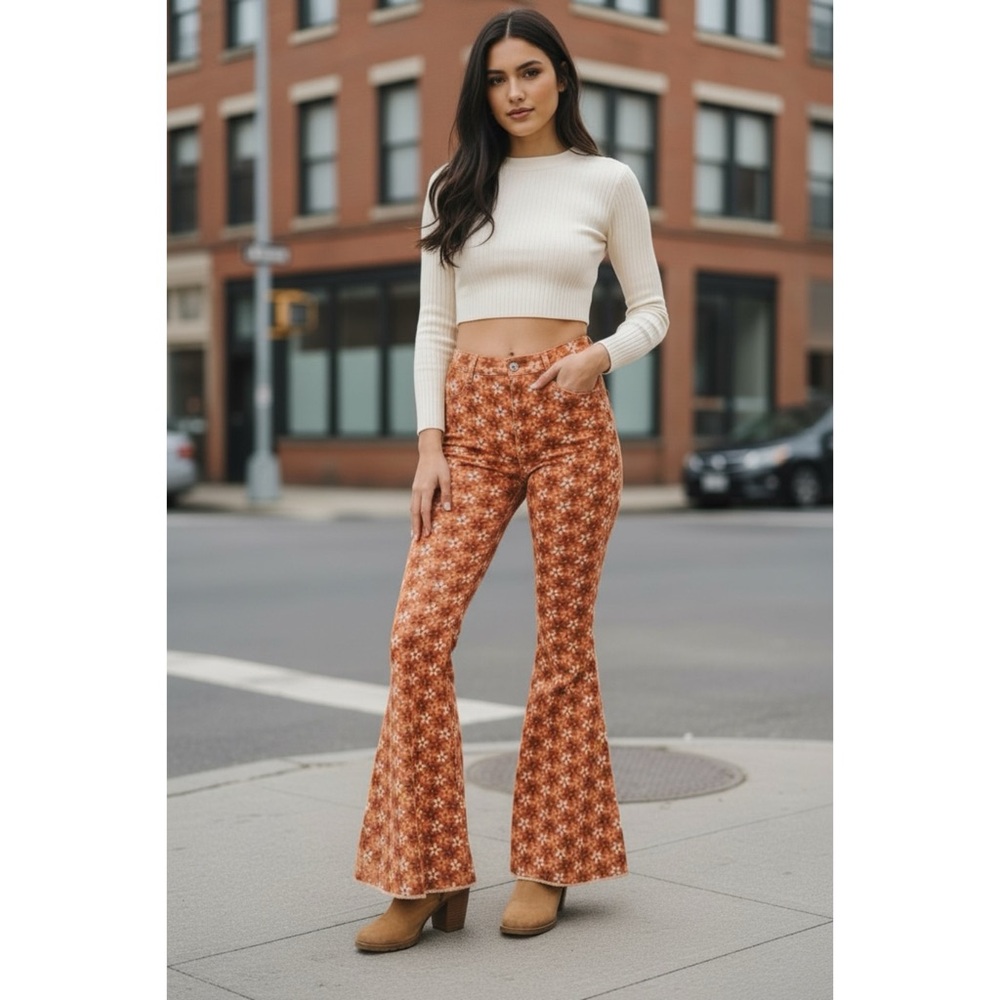 Peach Love Orange Retro Floral Flares | High Waist Denim Pants - Picture 10 of 10